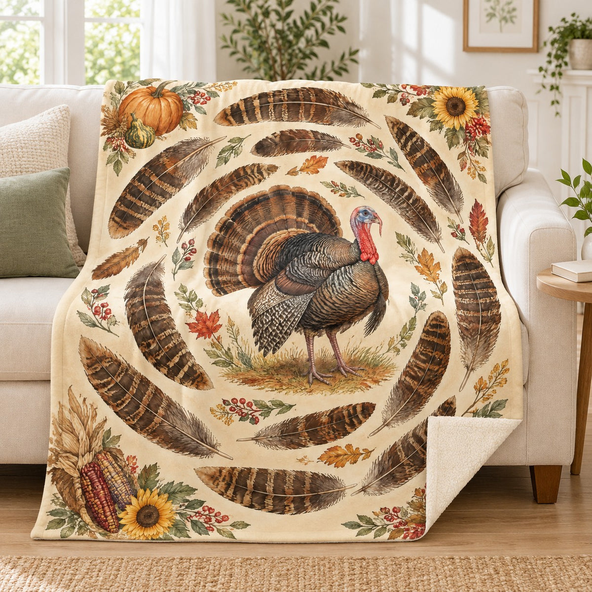 Spiral of Feathers blanket, on a sofa