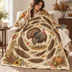 Spiral of Feathers blanket, wrapped around a reader