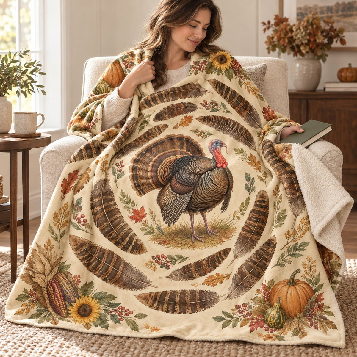 Spiral of Feathers blanket, wrapped around a reader
