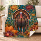 Chrysanthemum Turkey blanket, on a sofa