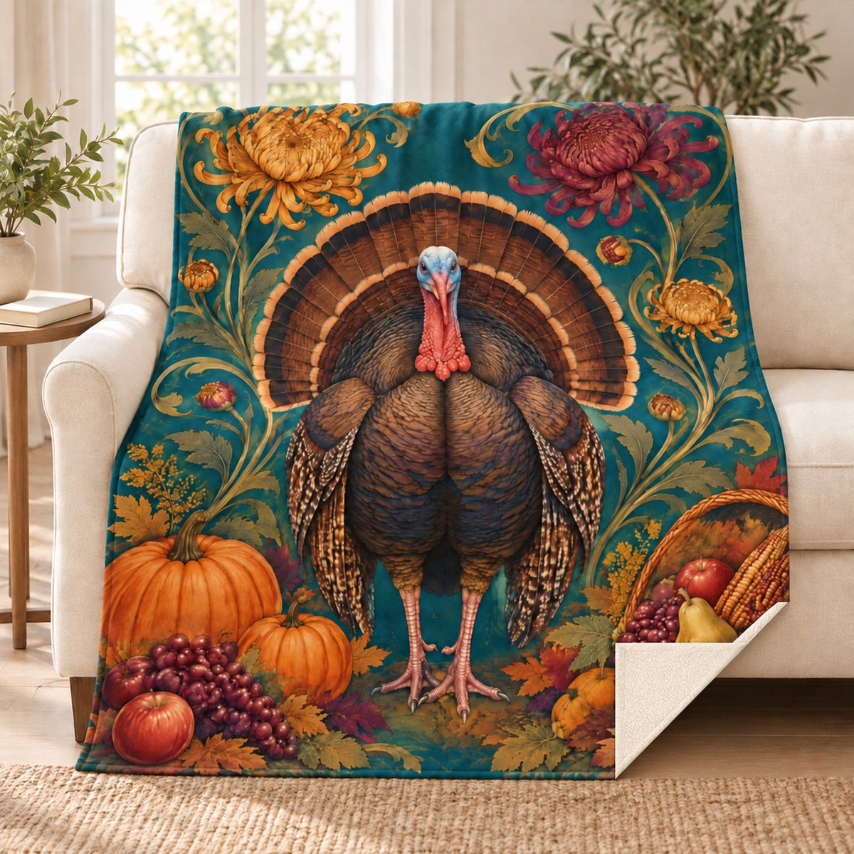 Chrysanthemum Turkey blanket, on a sofa