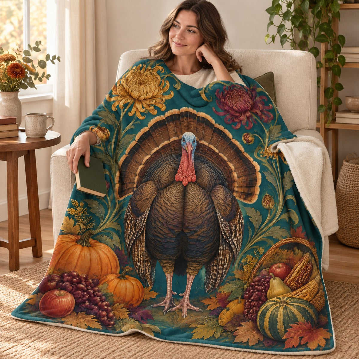 Chrysanthemum Turkey blanket, wrapped around a reader