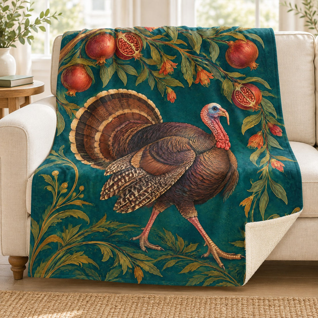 Pomegranate Walk blanket, on a sofa