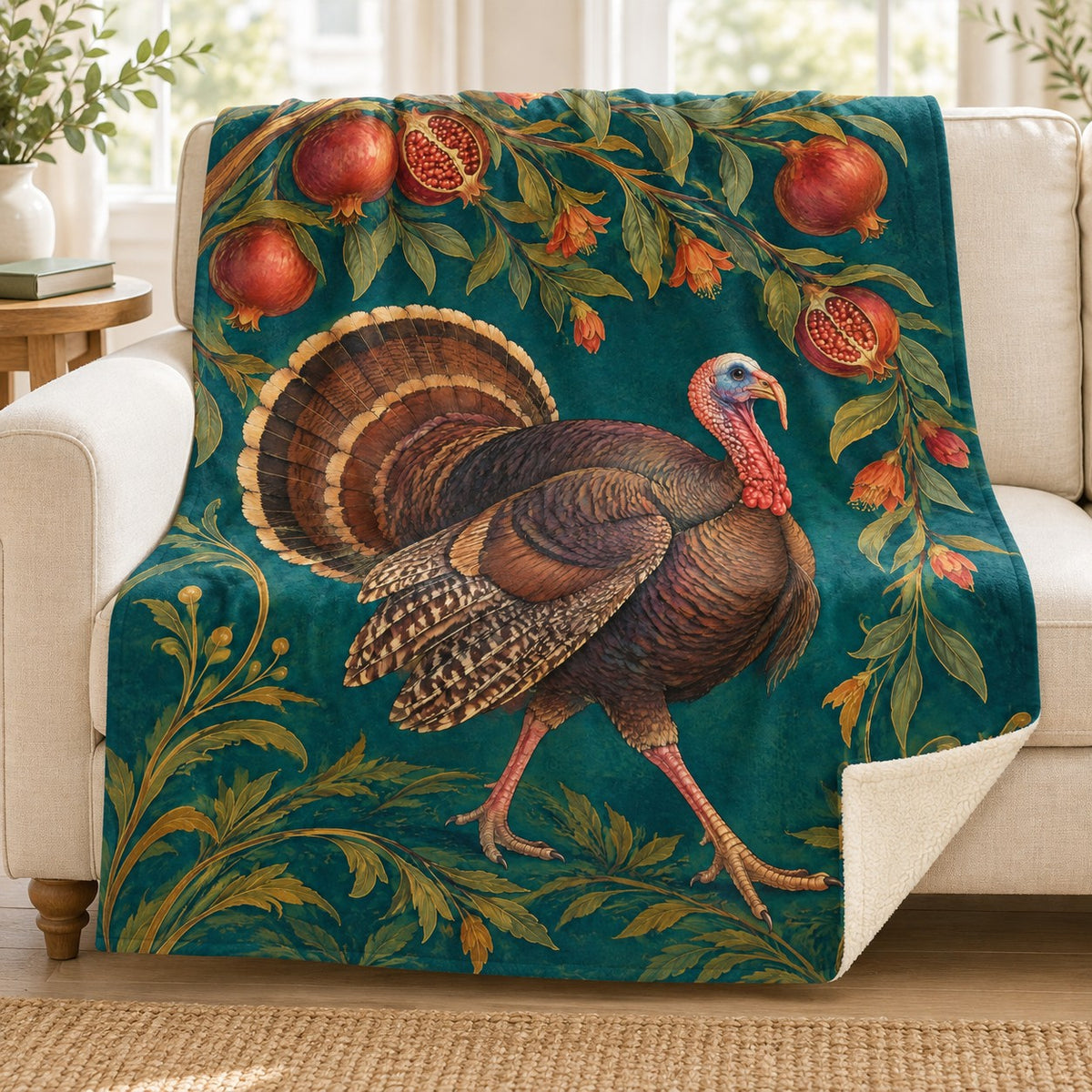 Pomegranate Walk blanket, on a sofa