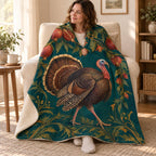 Pomegranate Walk blanket, wrapped around a reader