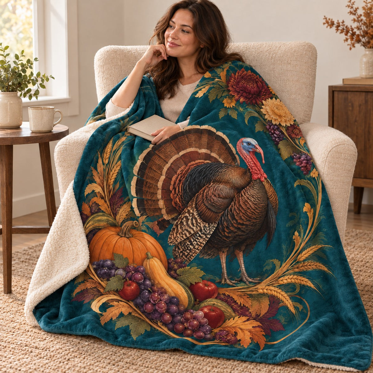 Harvest Crescent blanket, wrapped around a reader
