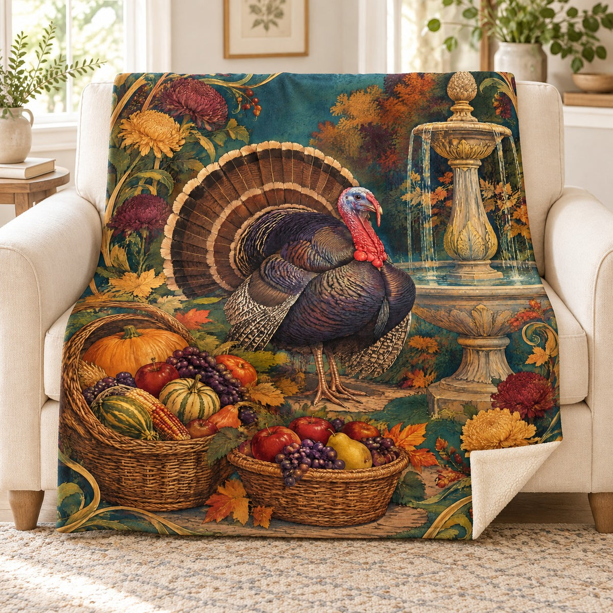 Fountain and Baskets blanket, on a sofa