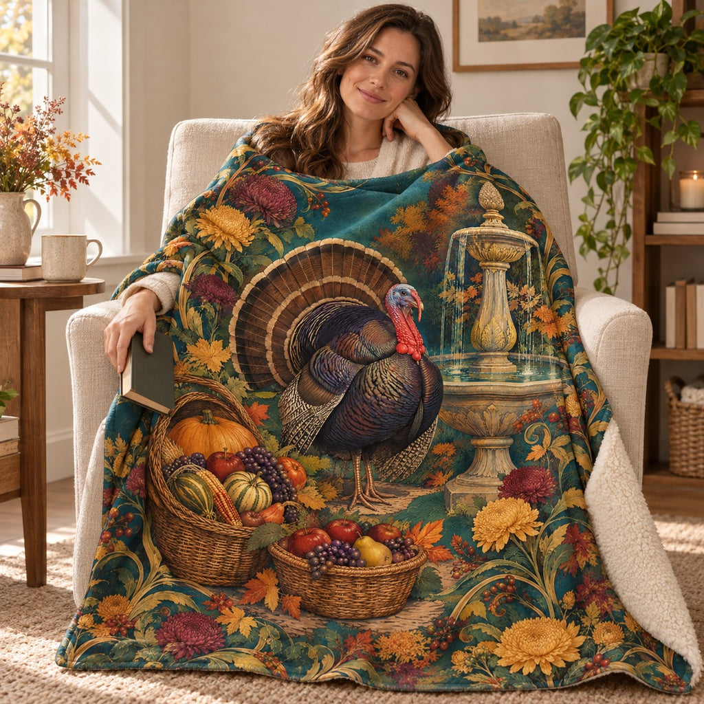 Fountain and Baskets blanket, wrapped around a reader