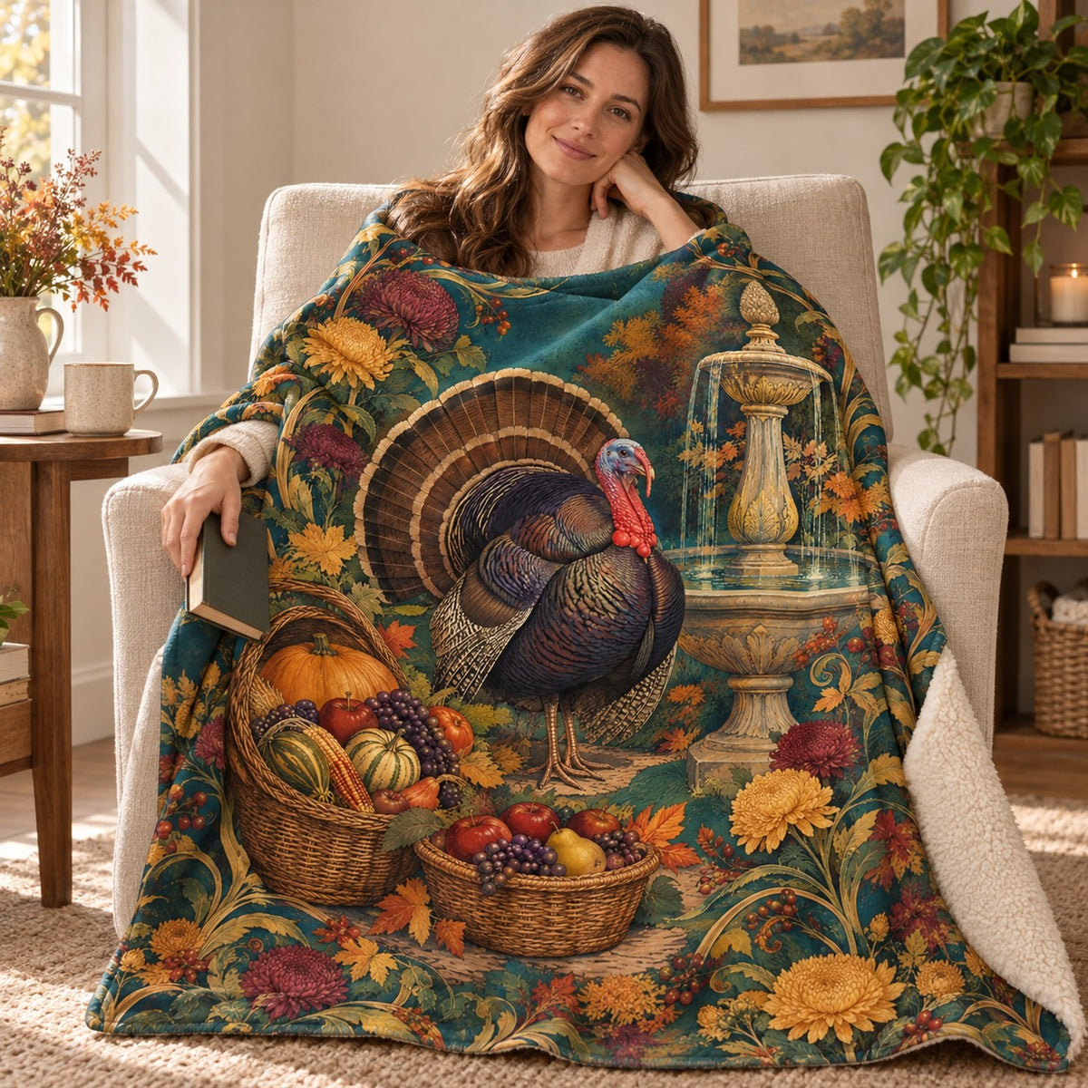 Fountain and Baskets blanket, wrapped around a reader