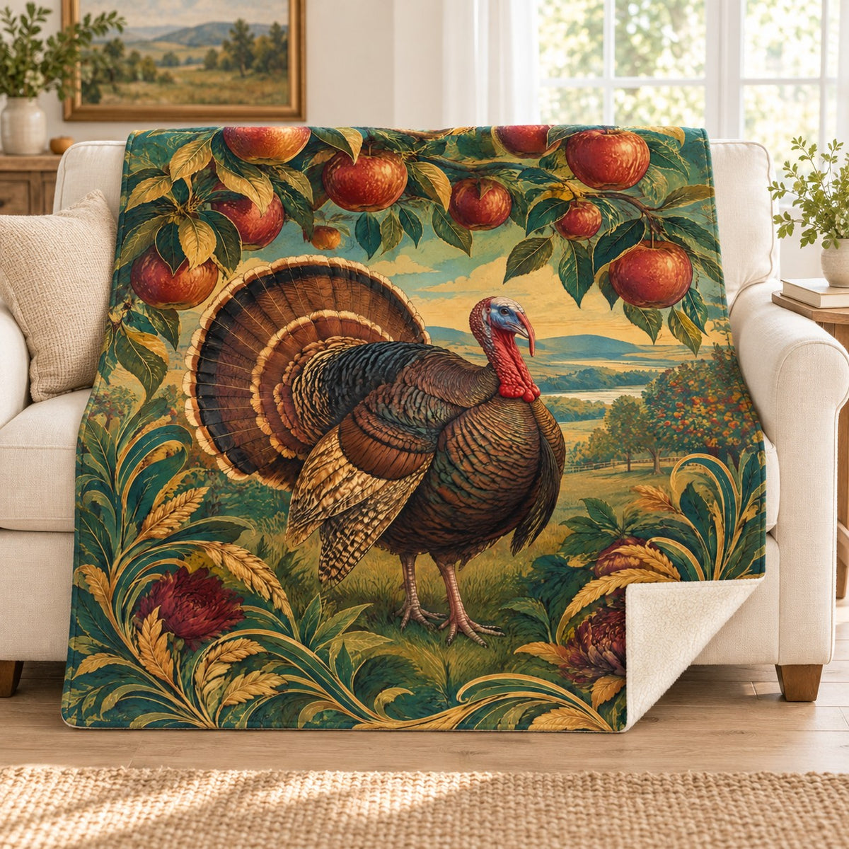 Apple Branch Orchard blanket, on a sofa