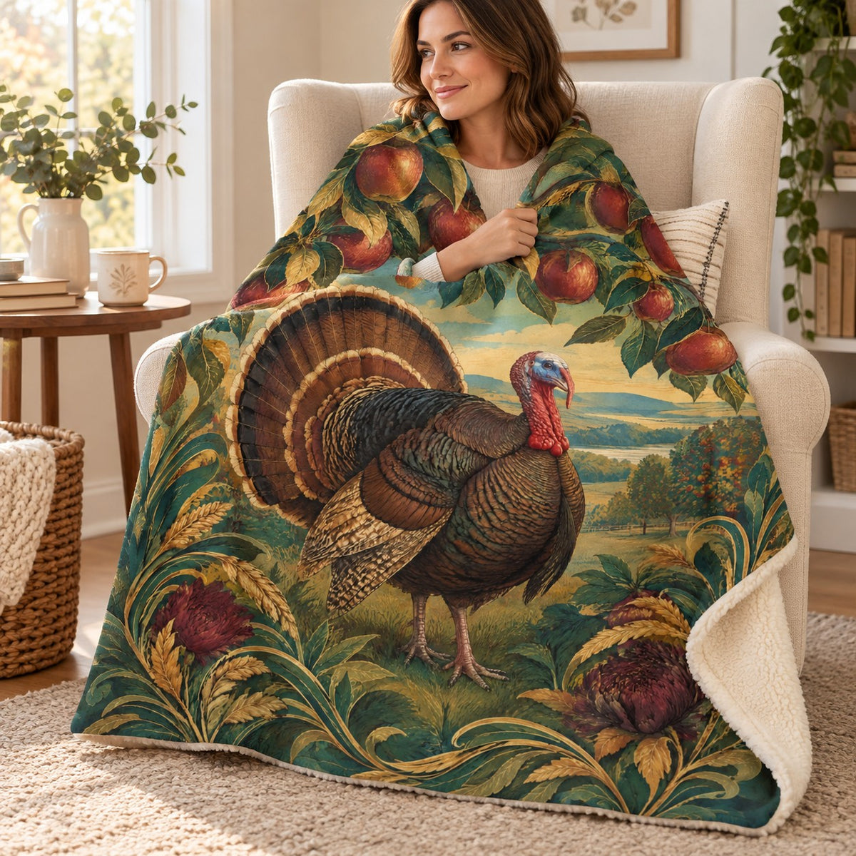 Apple Branch Orchard blanket, wrapped around a reader