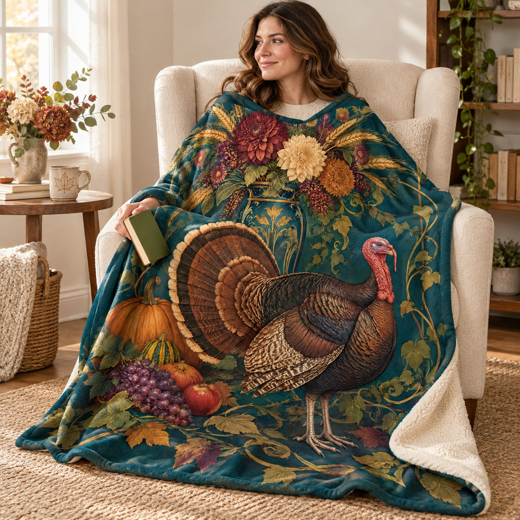 Flower and Wheat Vase blanket, wrapped around a reader