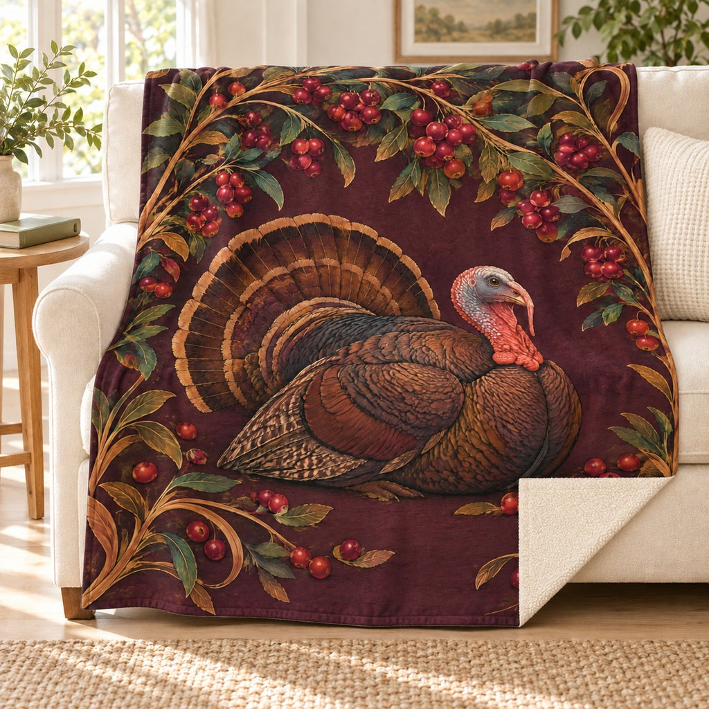 Cranberry Bower blanket, on a sofa