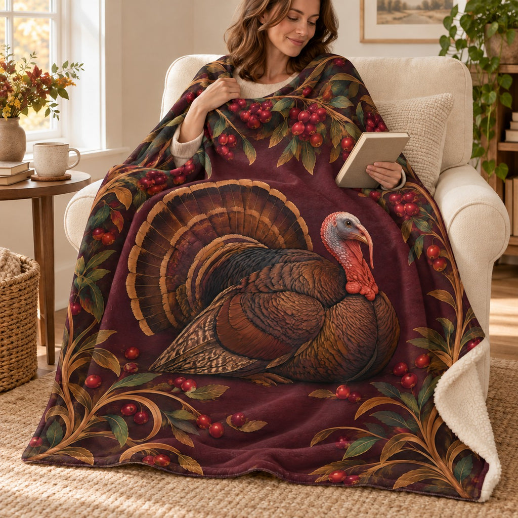 Cranberry Bower blanket, wrapped around a reader