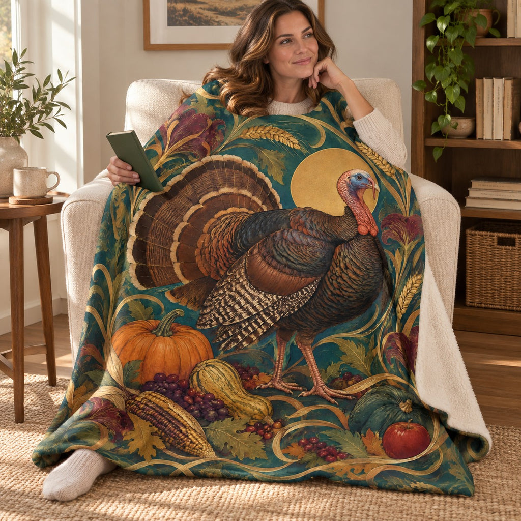Feather Arabesque blanket, wrapped around a reader