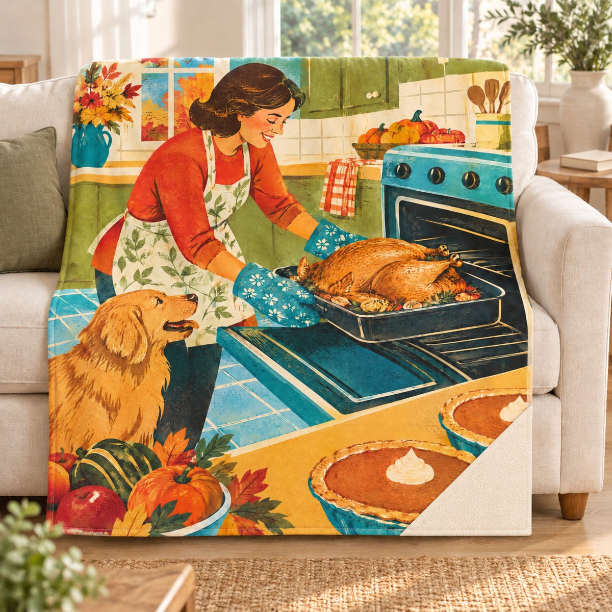 The Open Oven blanket, on a sofa