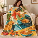 The Open Oven blanket, wrapped around a reader