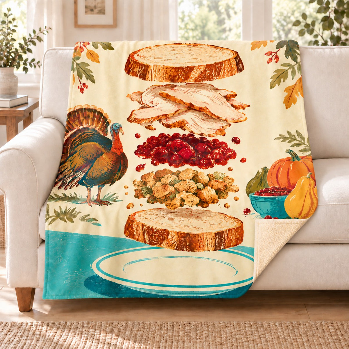Exploded Sandwich blanket, on a sofa