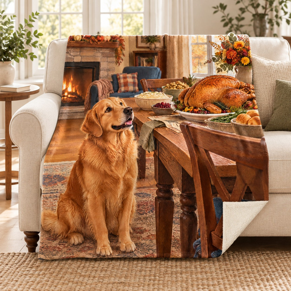 Retriever at the Table blanket, on a sofa