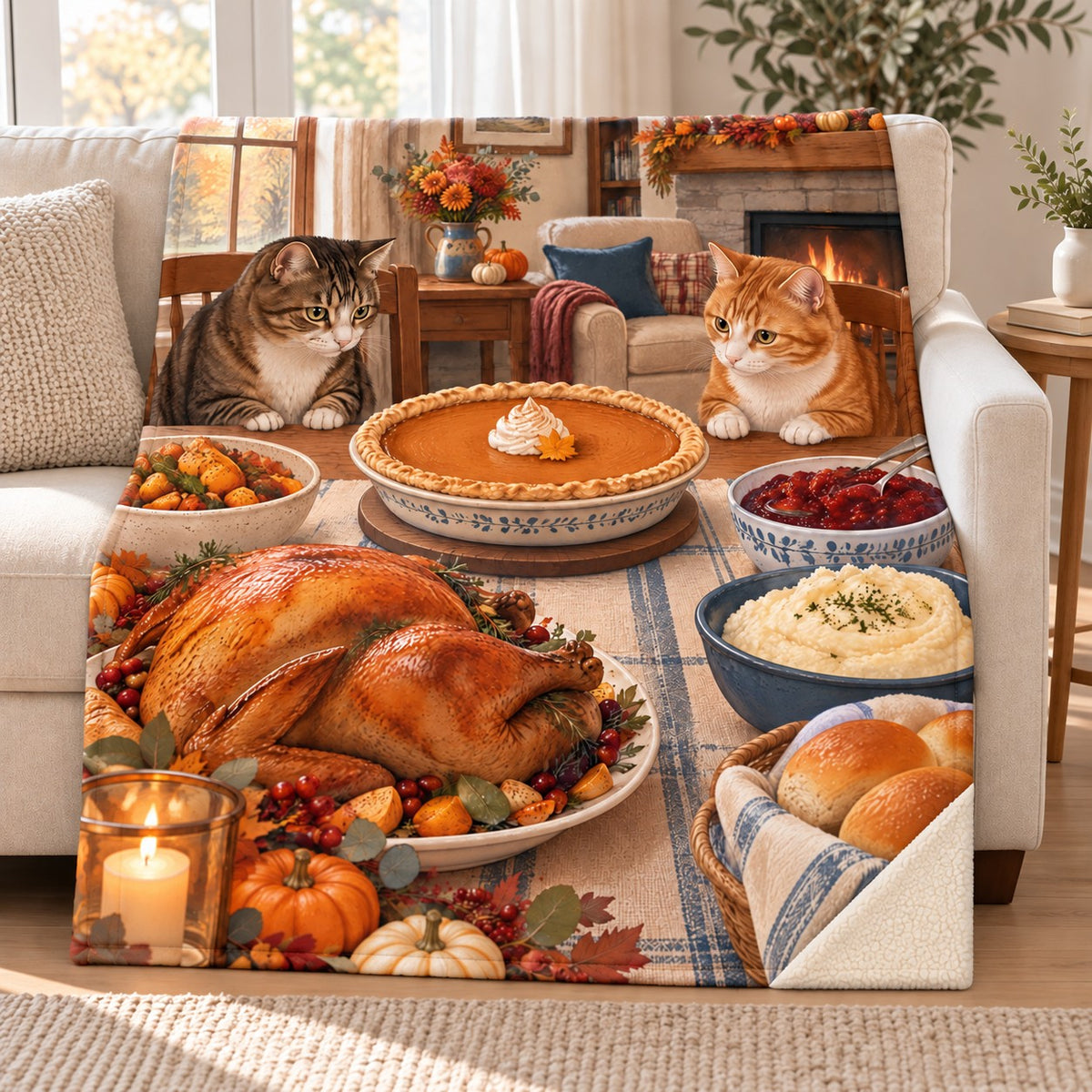 Two Cats, One Pie blanket, on a sofa
