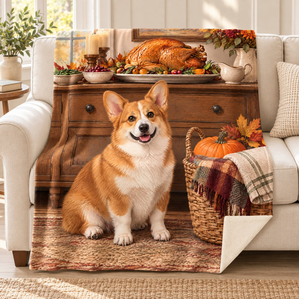 Corgi and Harvest Basket blanket, on a sofa