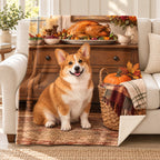 Corgi and Harvest Basket blanket, on a sofa