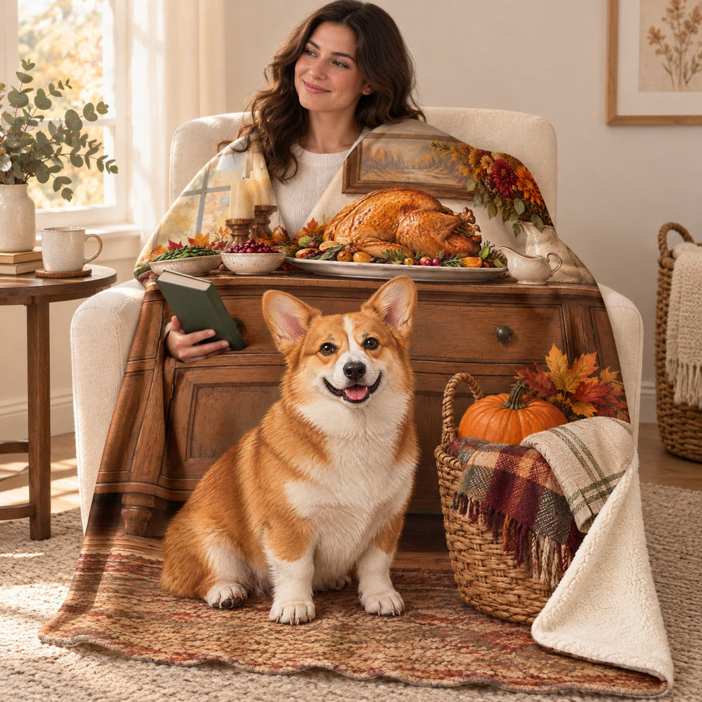 Corgi and Harvest Basket blanket, wrapped around a reader