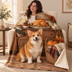 Corgi and Harvest Basket blanket, wrapped around a reader