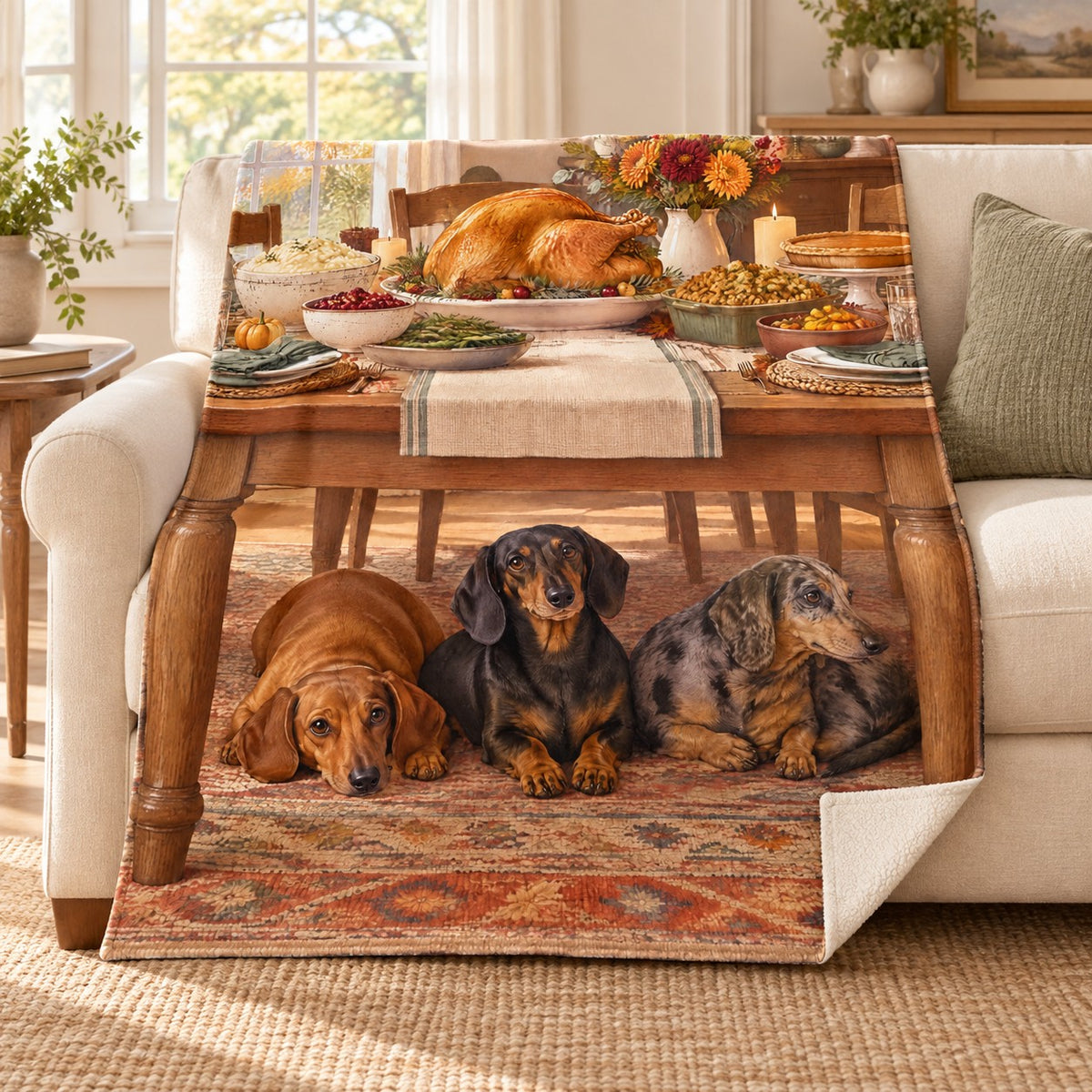 Three Dachshunds blanket, on a sofa