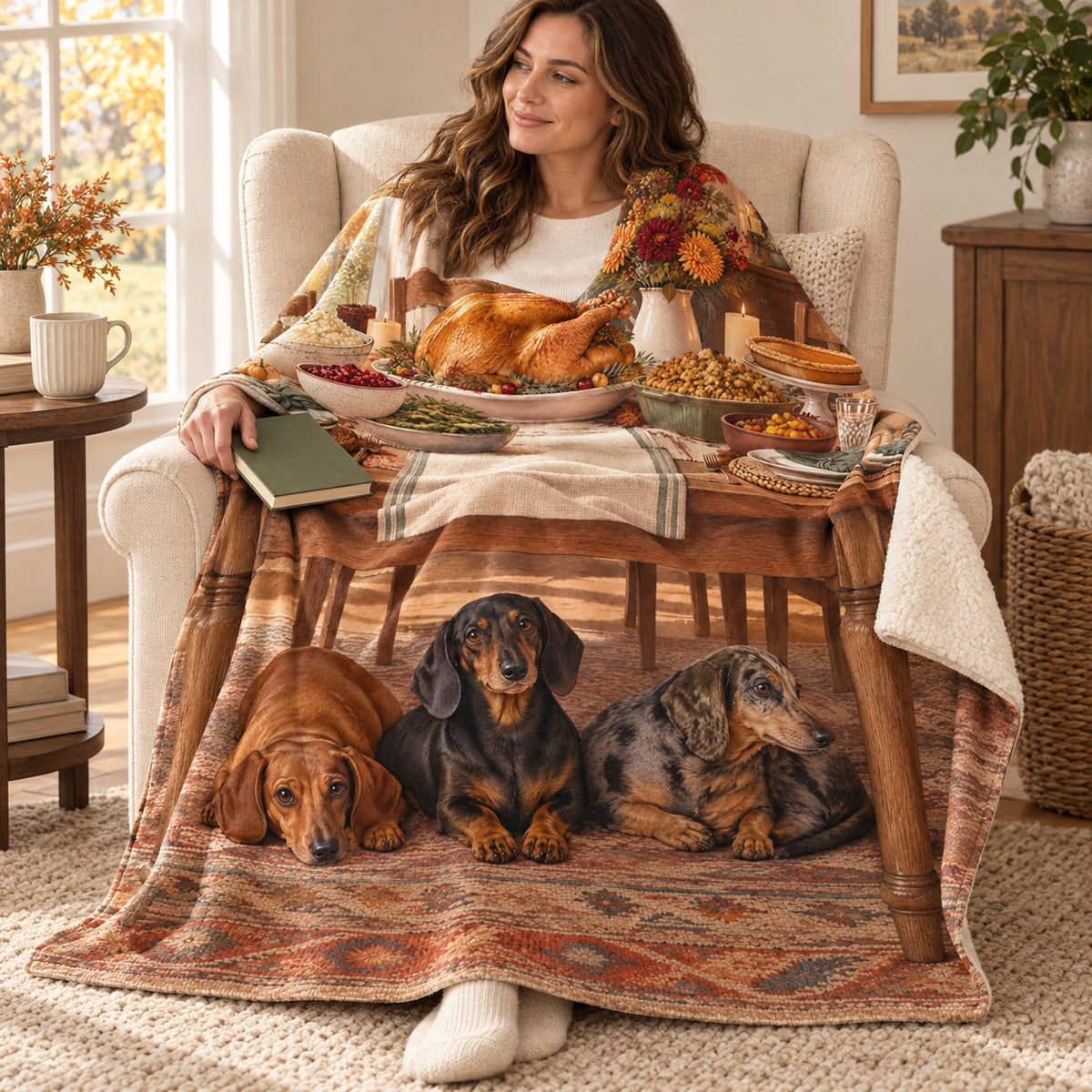 Three Dachshunds blanket, wrapped around a reader