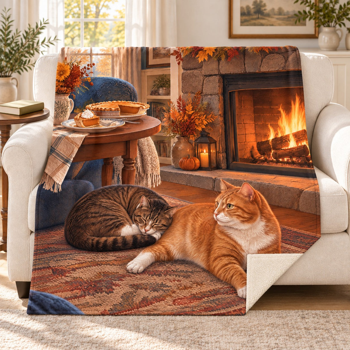 Cats by the Hearth blanket, on a sofa