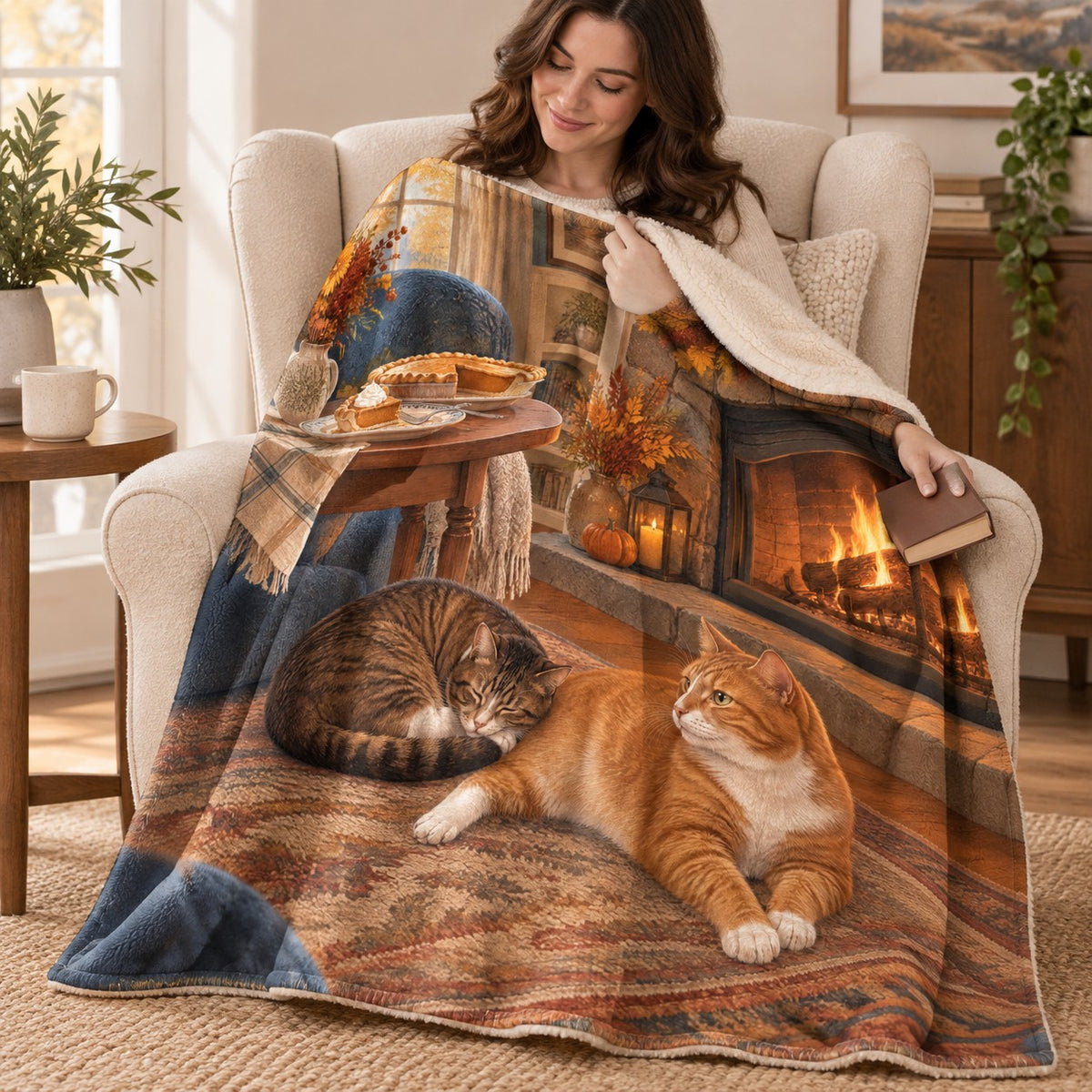 Cats by the Hearth blanket, wrapped around a reader