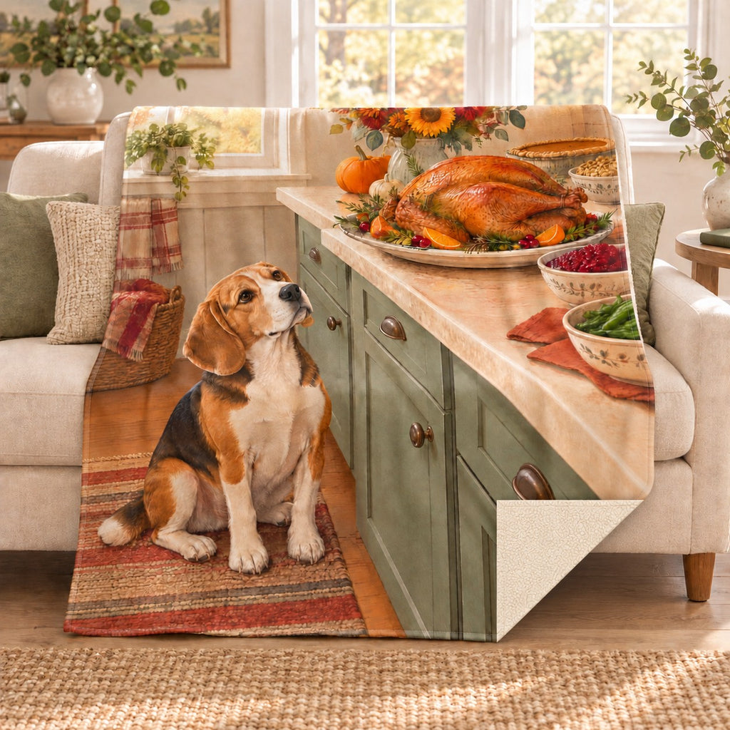 Beagle and the Platter blanket, on a sofa