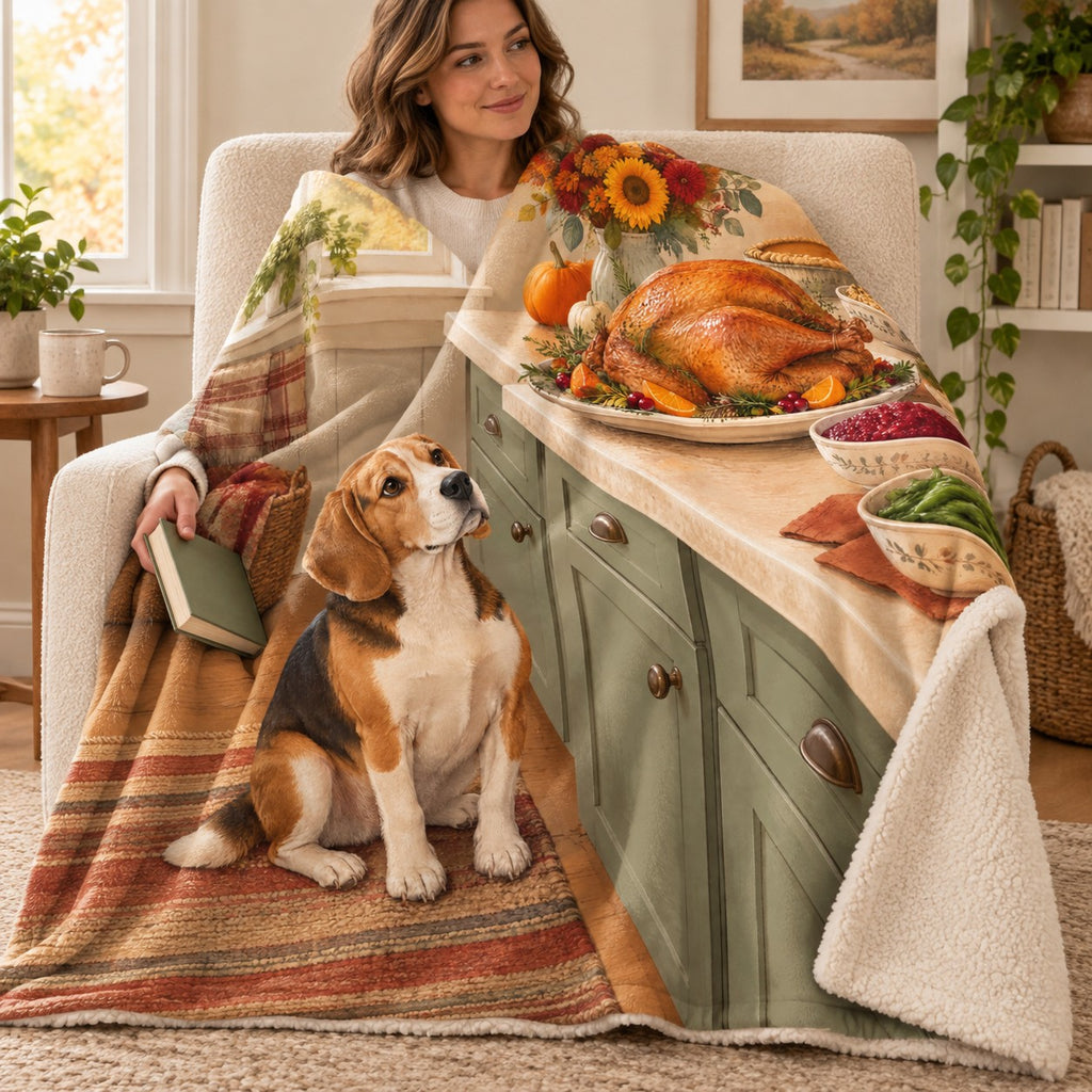 Beagle and the Platter blanket, wrapped around a reader