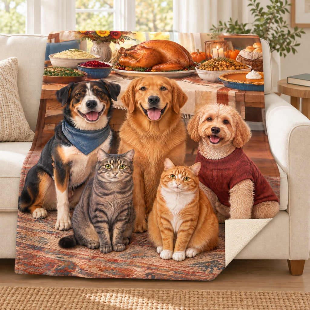 Pets Before the Buffet blanket, on a sofa