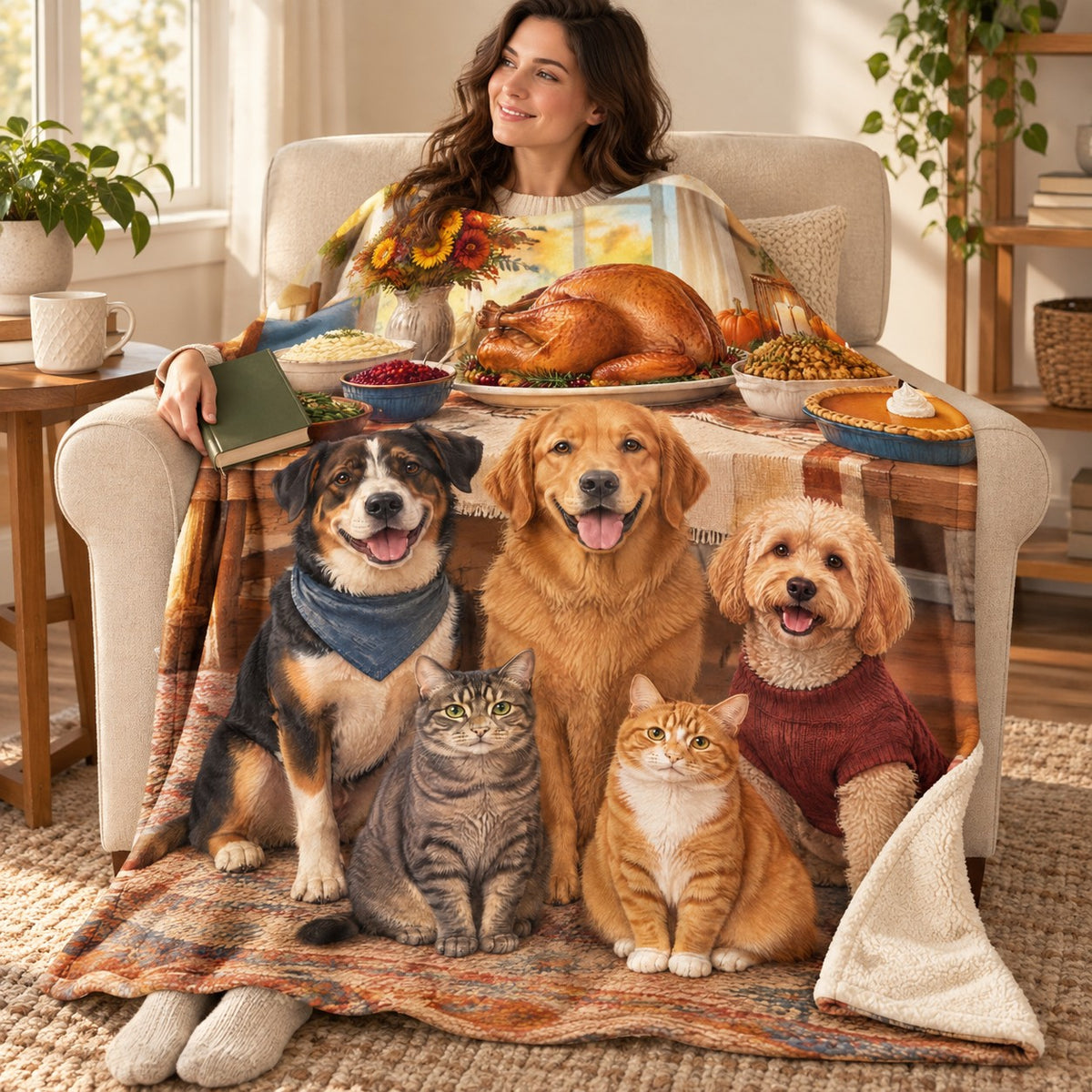 Pets Before the Buffet blanket, wrapped around a reader