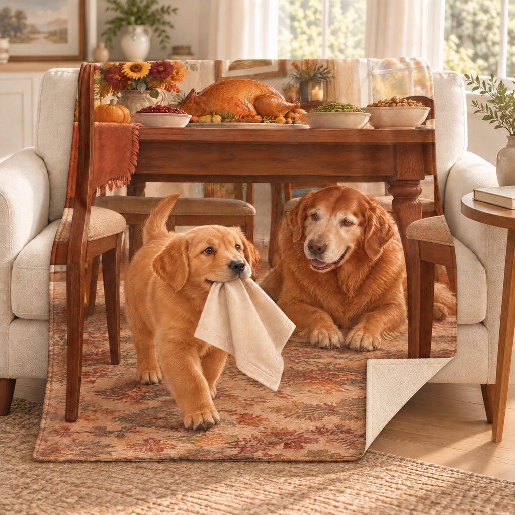 Puppy with a Napkin blanket, on a sofa