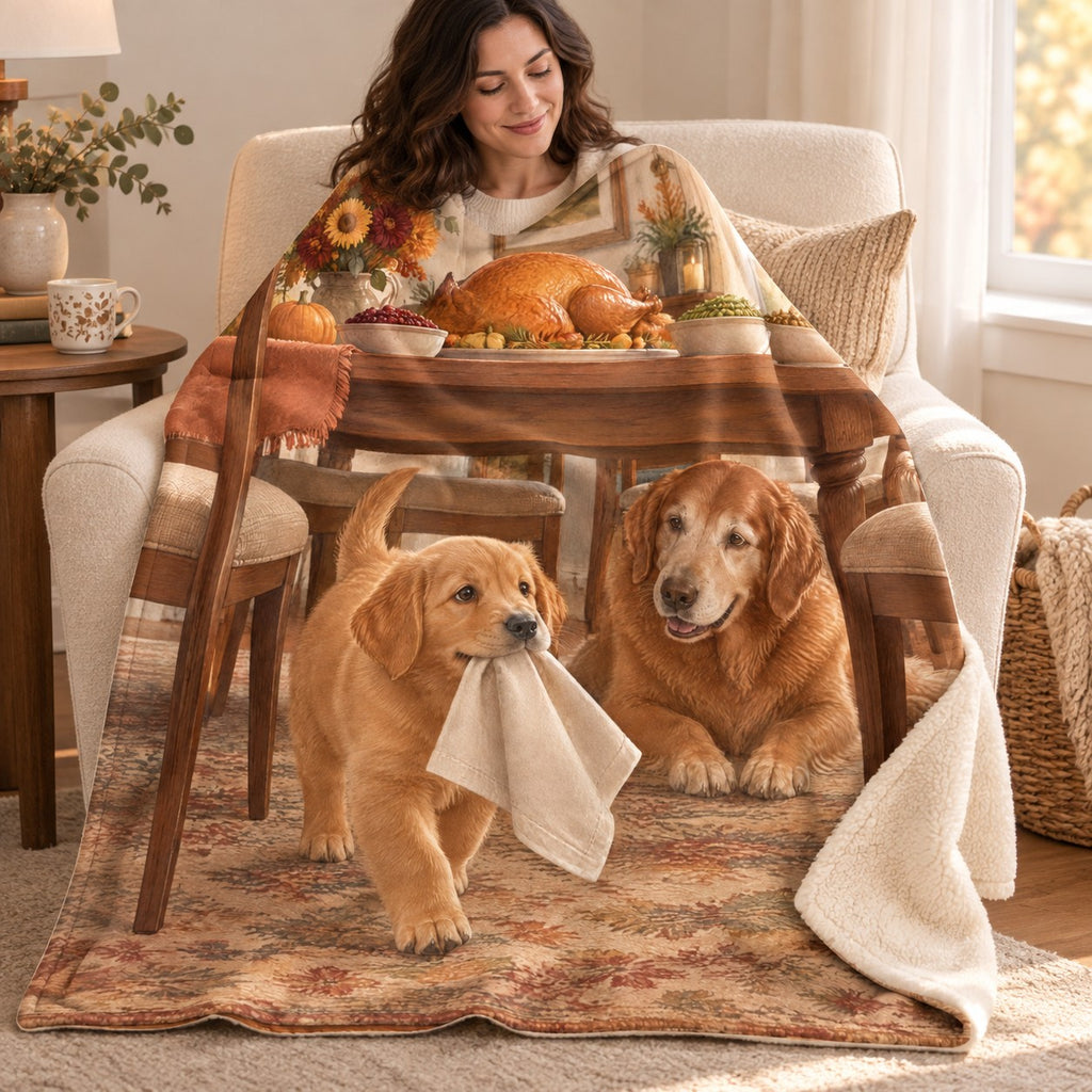 Puppy with a Napkin blanket, wrapped around a reader