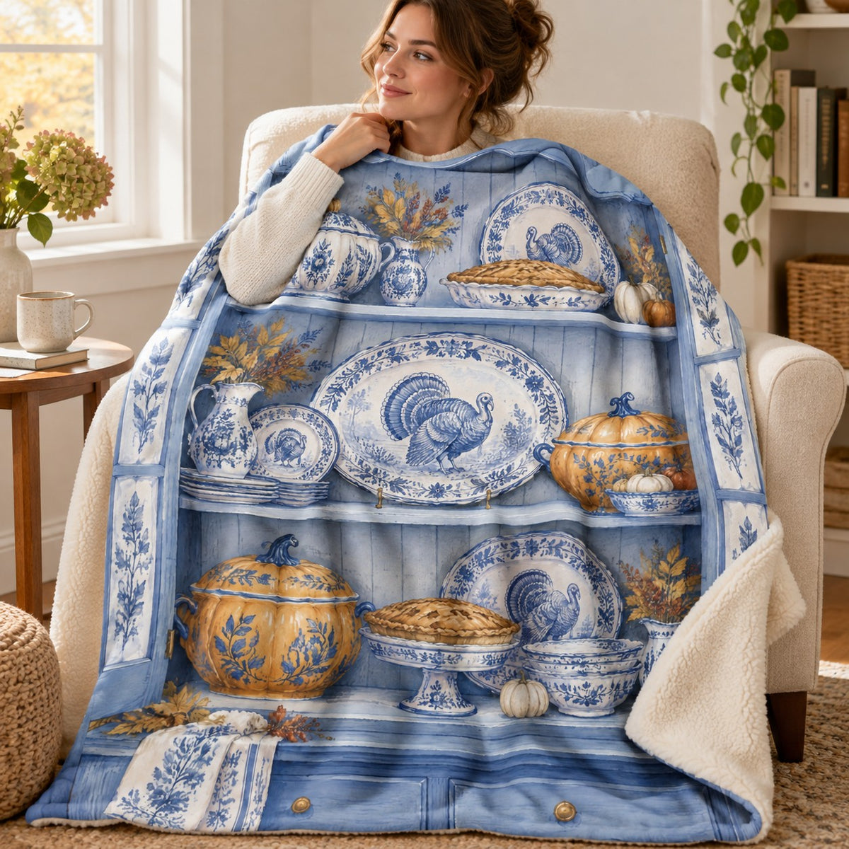 The China Cabinet blanket, wrapped around a reader