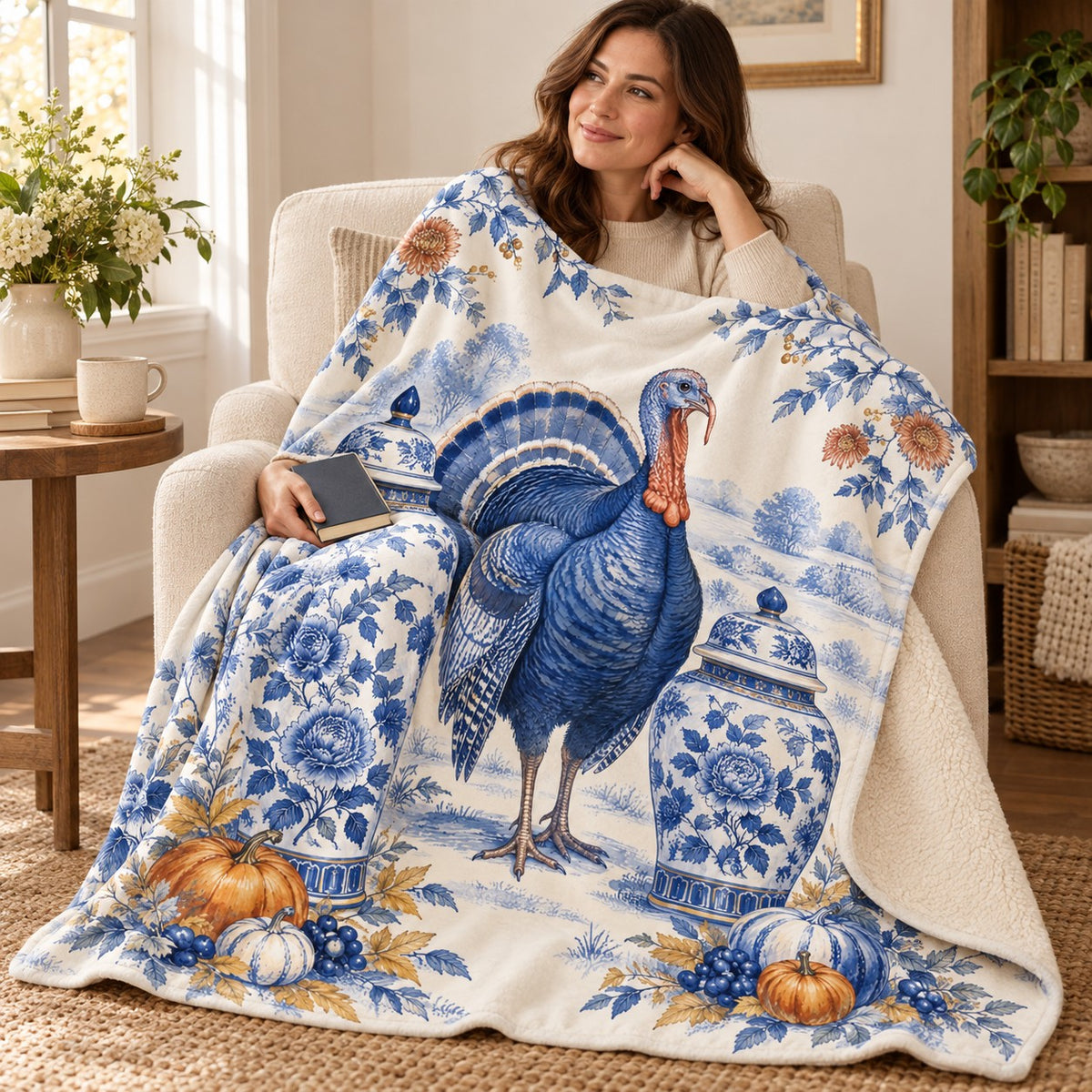 Between Two Ginger Jars blanket, wrapped around a reader
