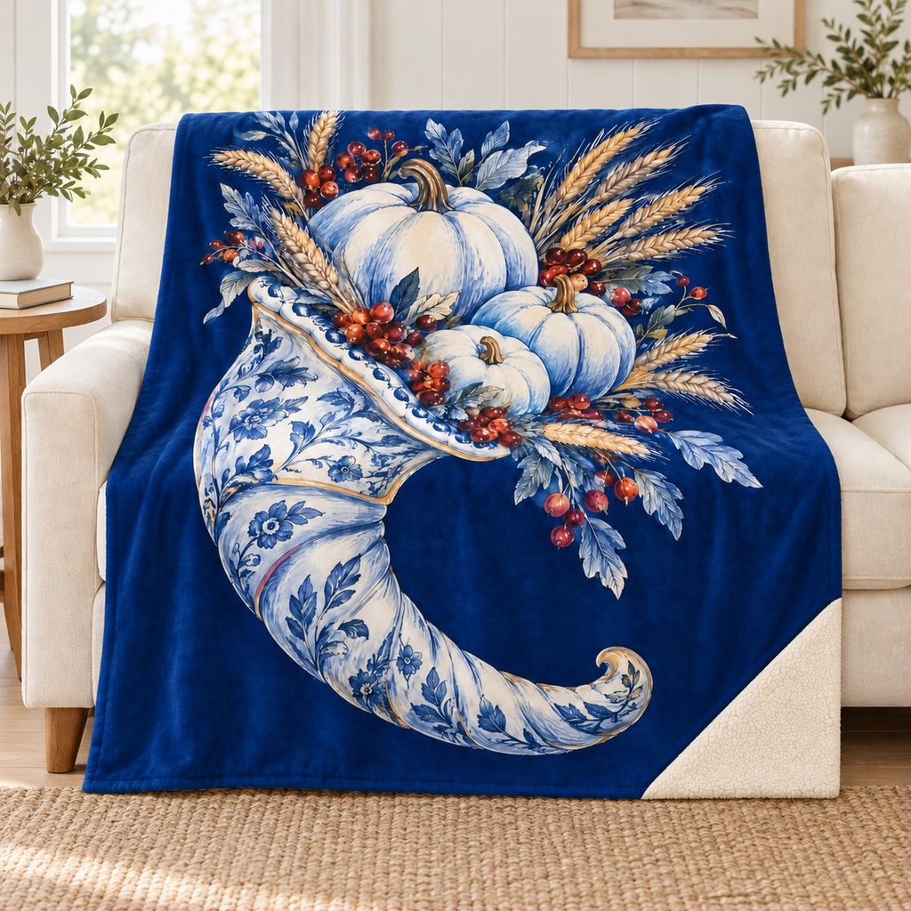 Ceramic Cornucopia blanket, on a sofa