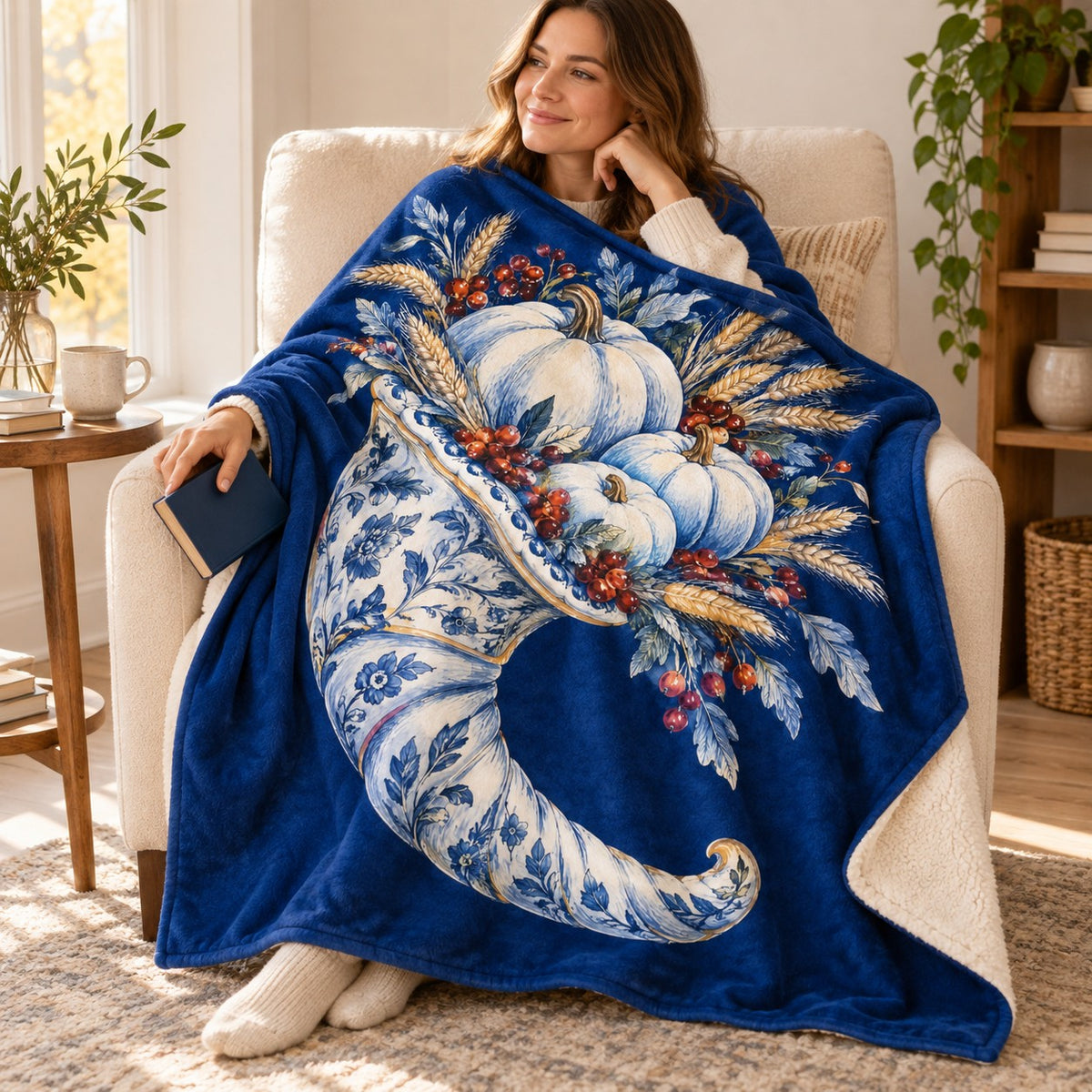 Ceramic Cornucopia blanket, wrapped around a reader