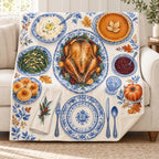Blue-and-White Setting blanket, on a sofa