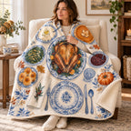 Blue-and-White Setting blanket, wrapped around a reader