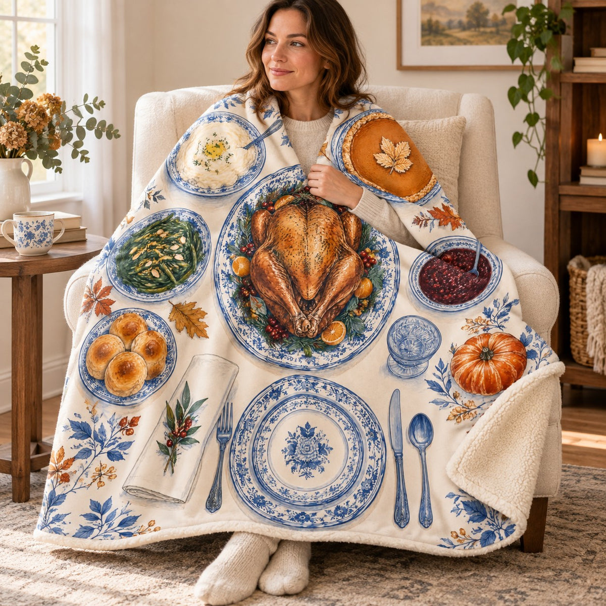 Blue-and-White Setting blanket, wrapped around a reader