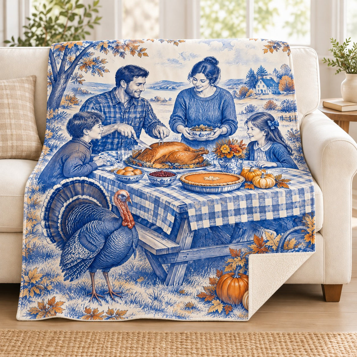 Cobalt Toile Picnic blanket, on a sofa