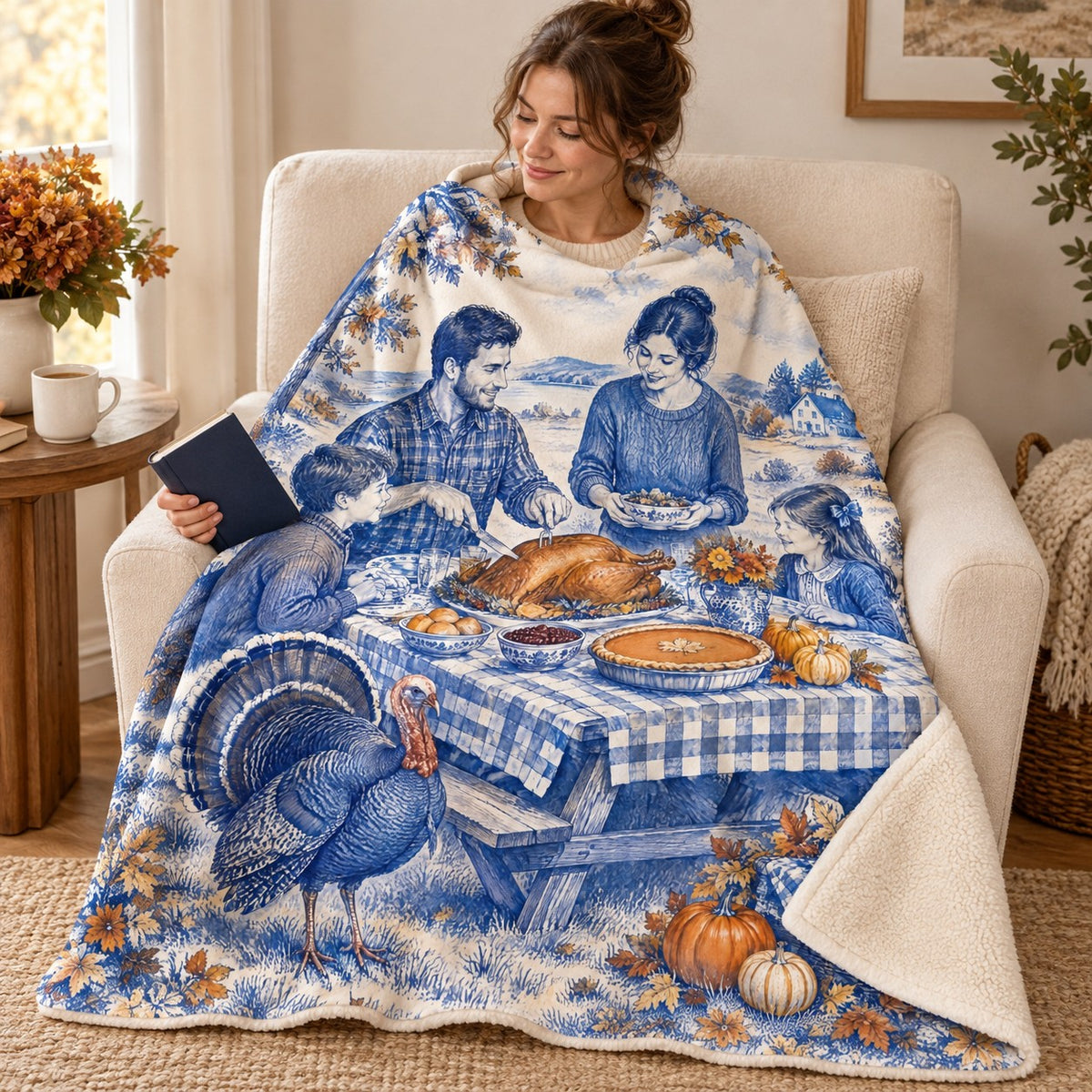 Cobalt Toile Picnic blanket, wrapped around a reader