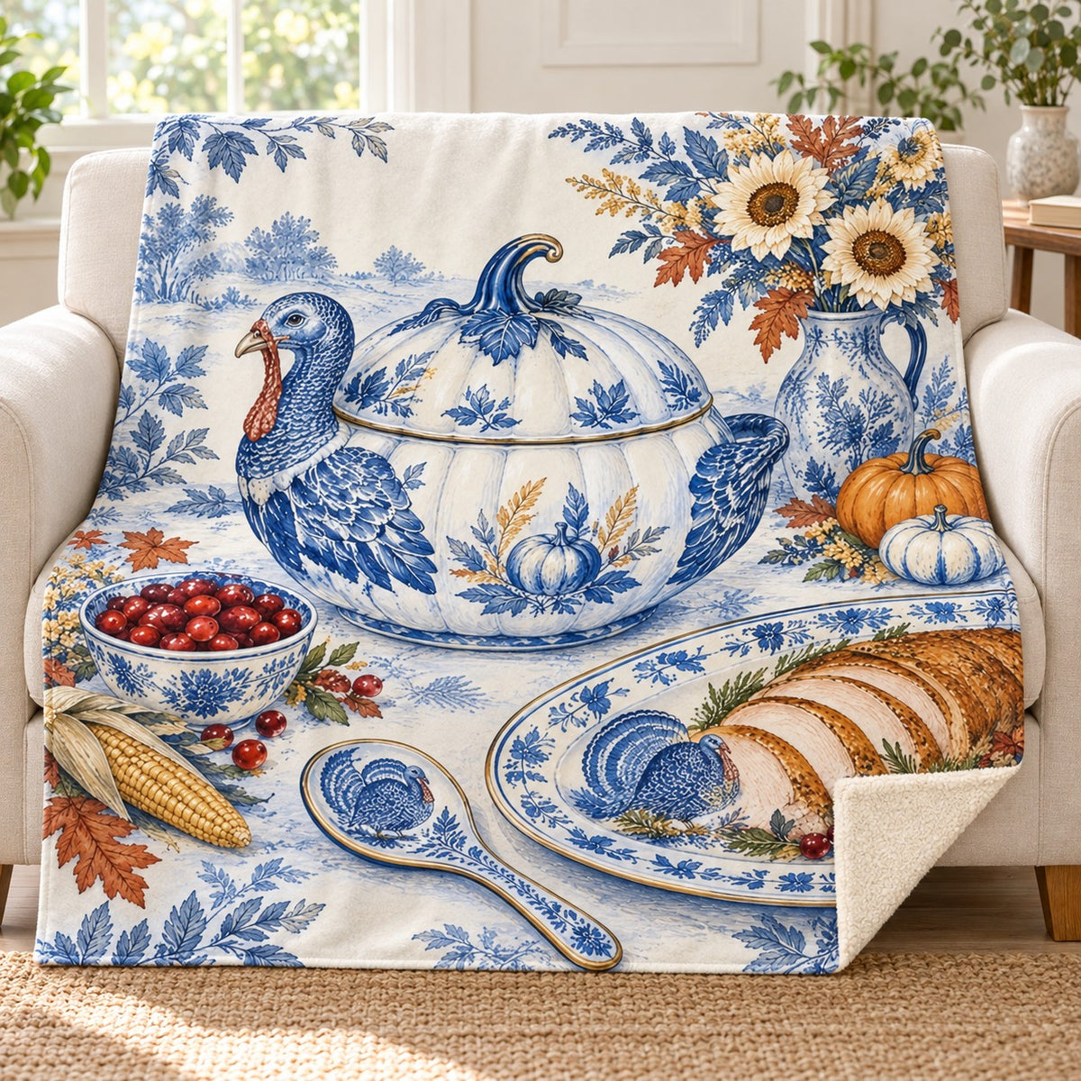Pumpkin Tureen blanket, on a sofa