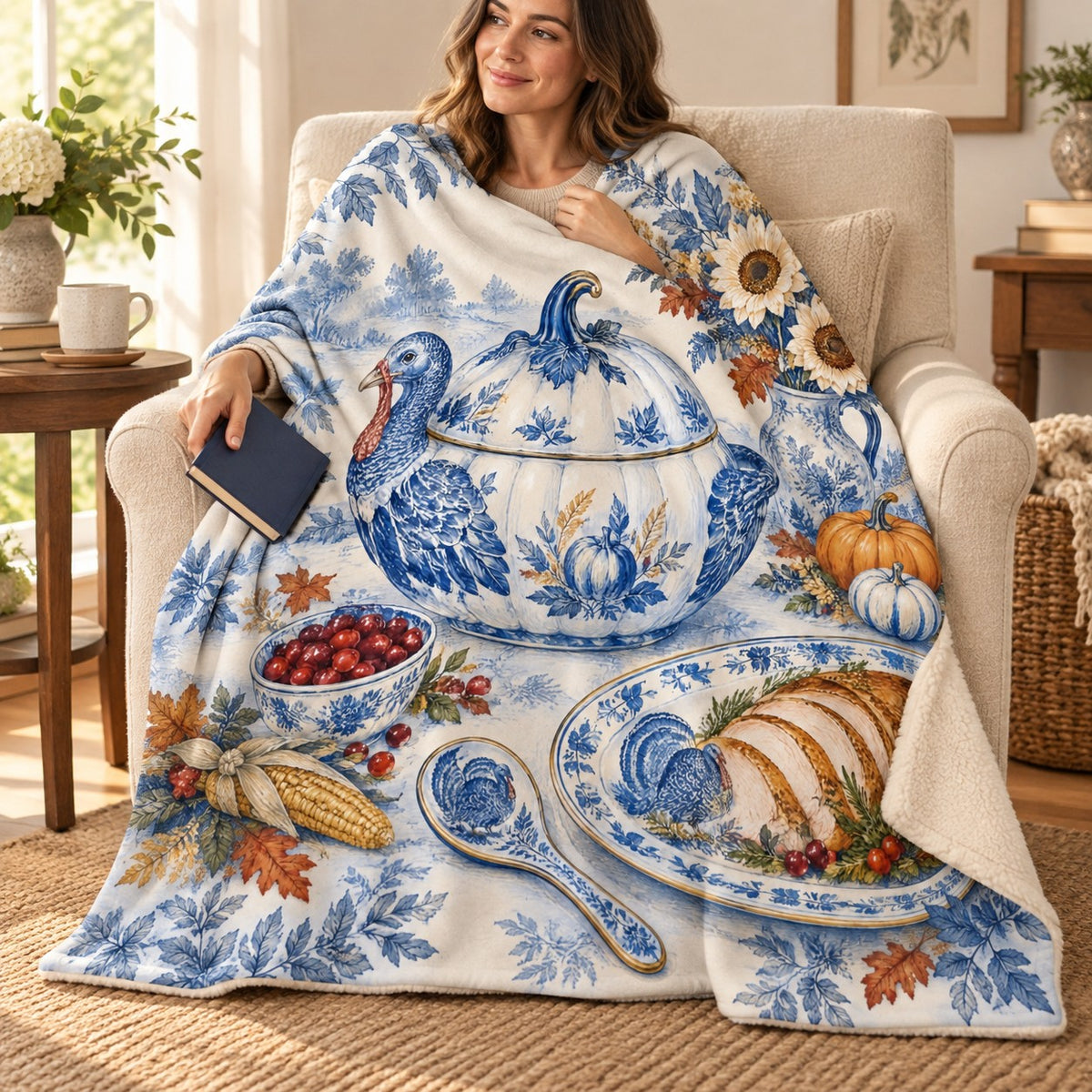 Pumpkin Tureen blanket, wrapped around a reader
