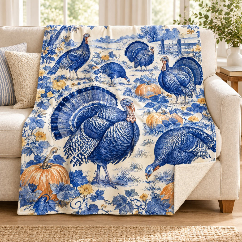Cobalt Turkey Flock blanket, on a sofa
